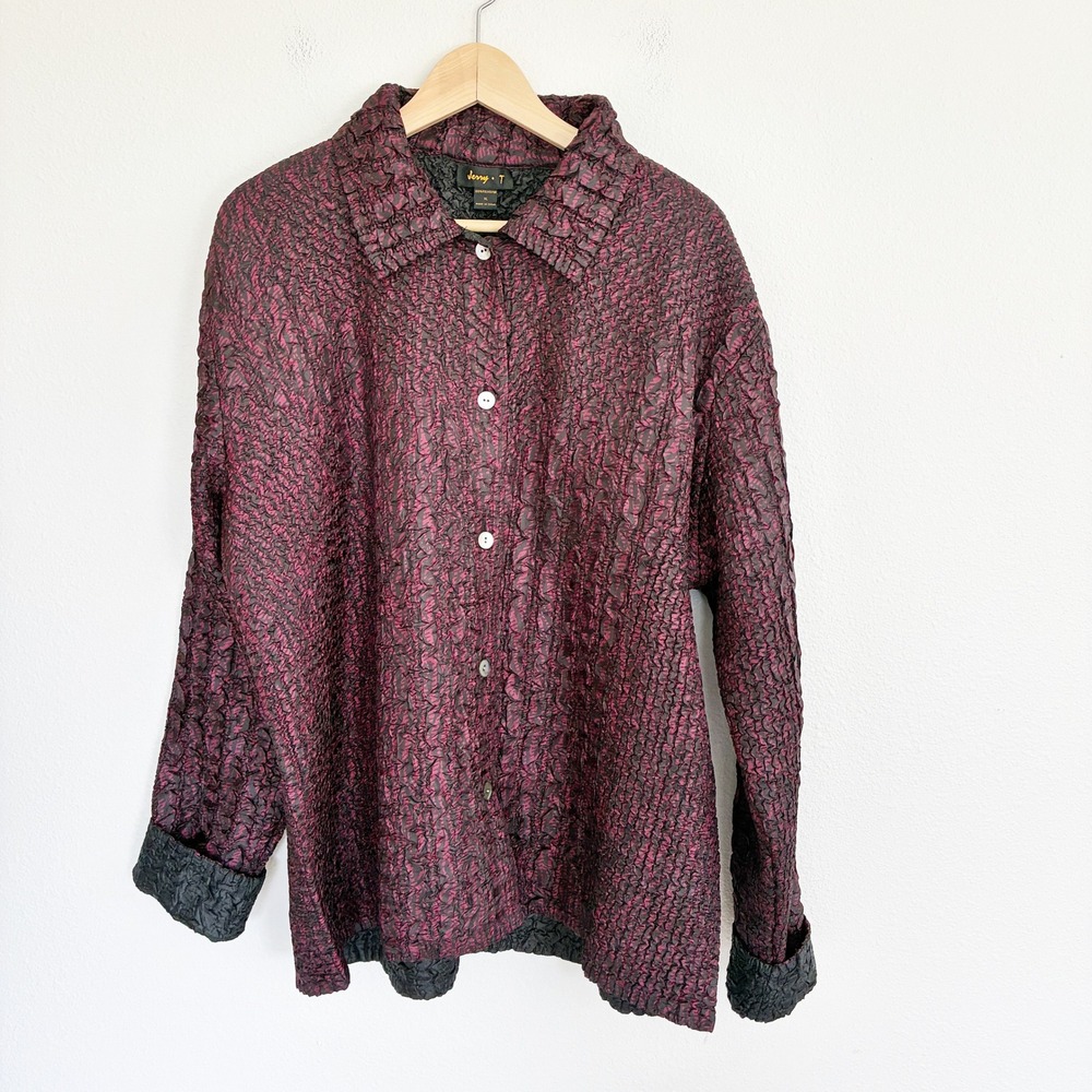 Jerry T Crinkle Jacket Womens XL Burgundy Black Reversible Button Up Artsy